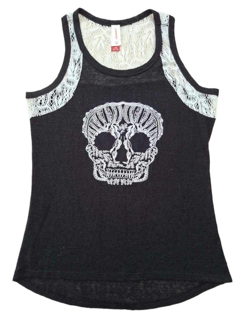 No Boundaries Rayon Blend Skull Embroidery Lace Tank Top Black Y2K L (11‑13)